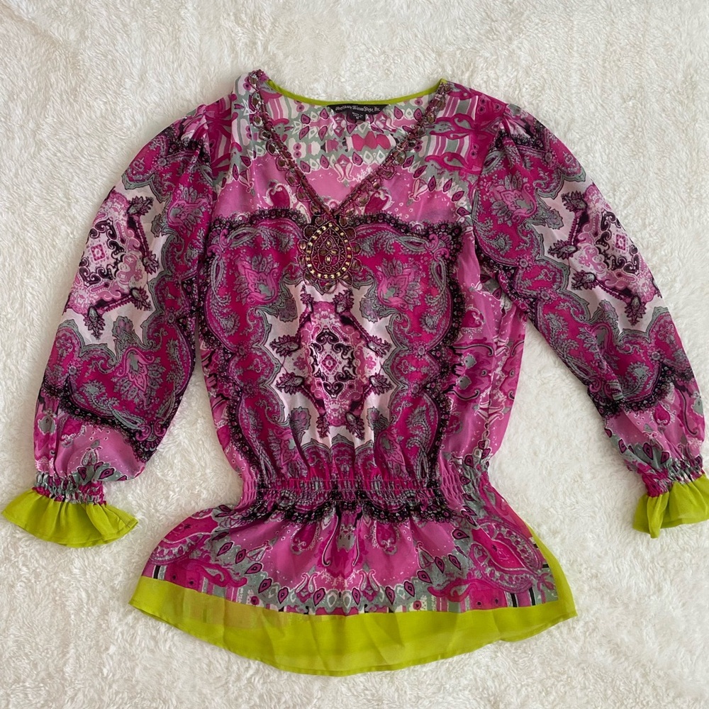 Pink and Green Paisley Beaded Tunic Top